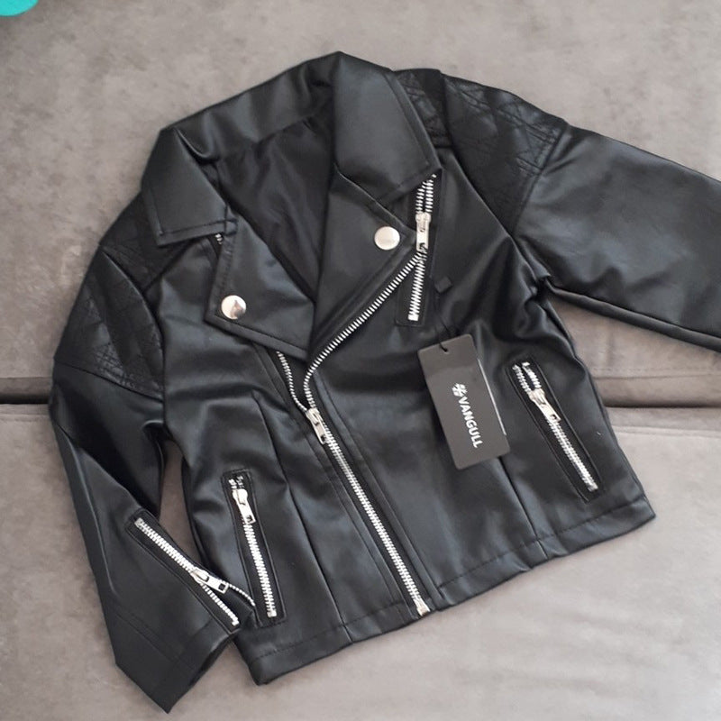 Children's Clothing Shoulder Diamond Lattice Small And Medium-sized Children's Leather Jacket